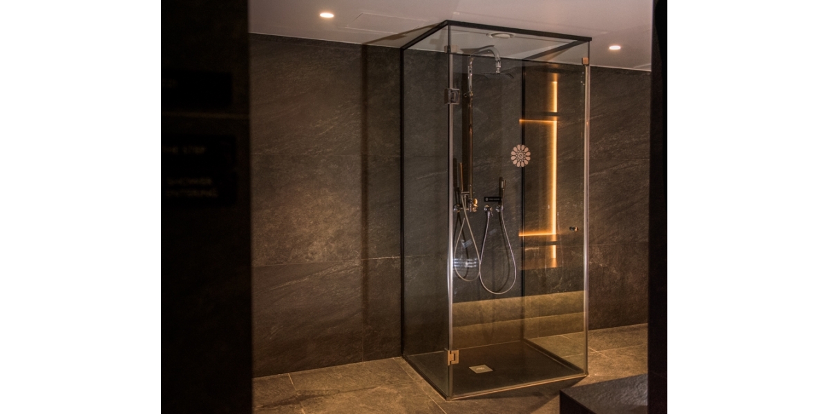 Cold Shower located in Sauna Area made of Clear Glass on all three sides