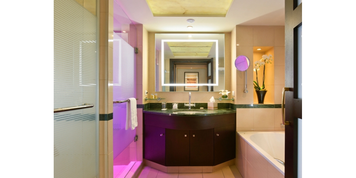 Mirror with hidden illumination and Shower Doors with Strips located in Family Room