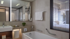 Insulated Glass Blinds and Mirror with Sandblasted Flower Detail located in the Superior Room